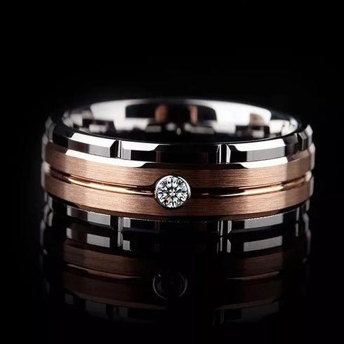 Men 8mm Titanium 2-Tone Brushed Rose Gold Zircon Inlay Comfort-Fit Wedding Band